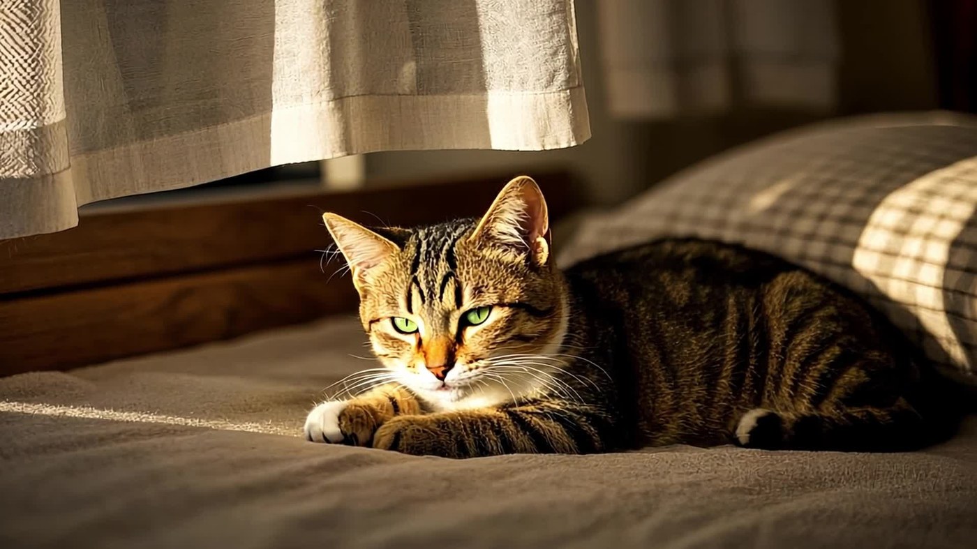 宠物独立站设计案例：午后阳光里趴在床上午睡的虎斑猫