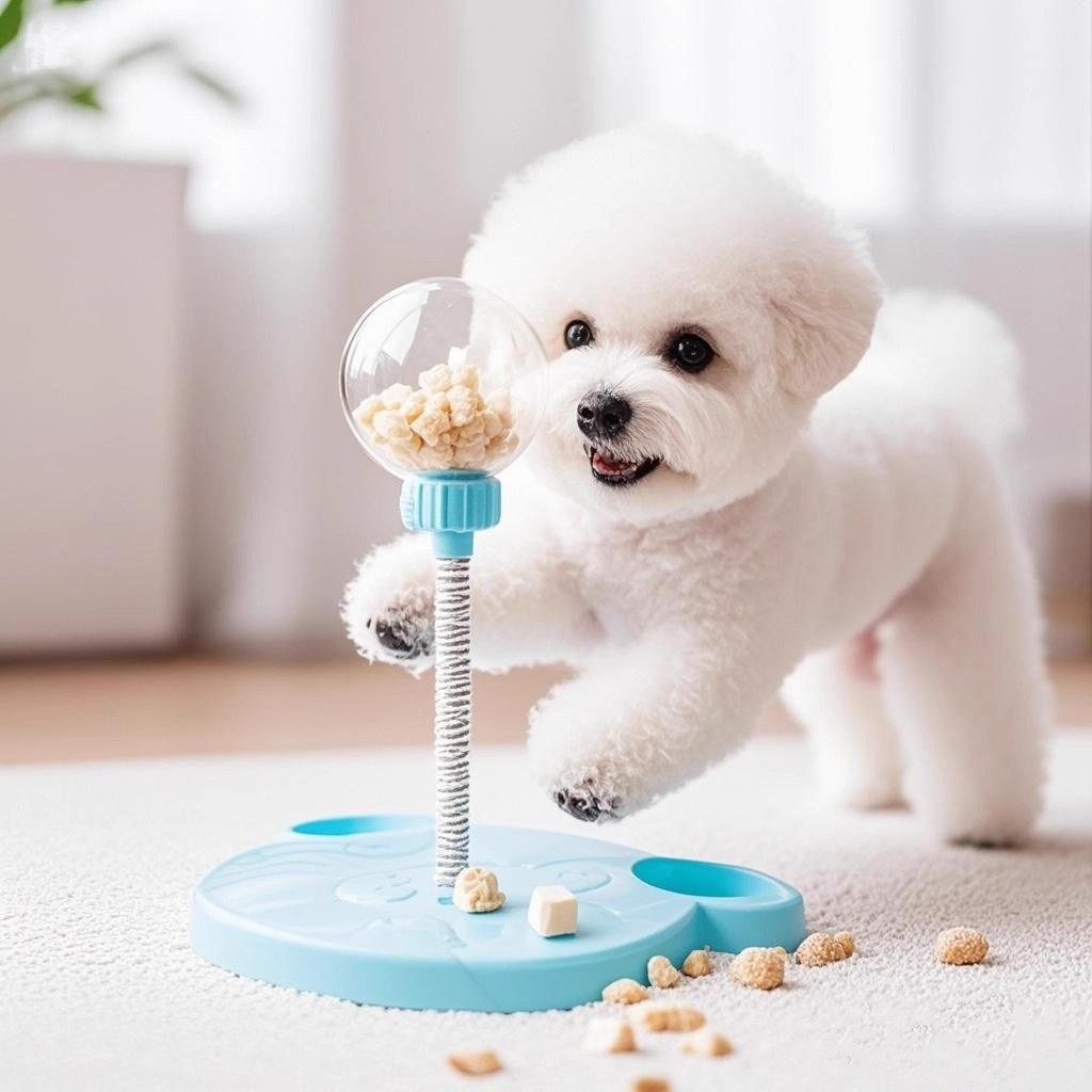 比熊犬面前的弹簧漏食慢食玩具与冻干零食
