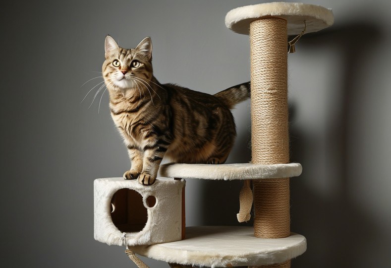 浅灰背景下的米白短绒多层猫爬架与虎斑猫