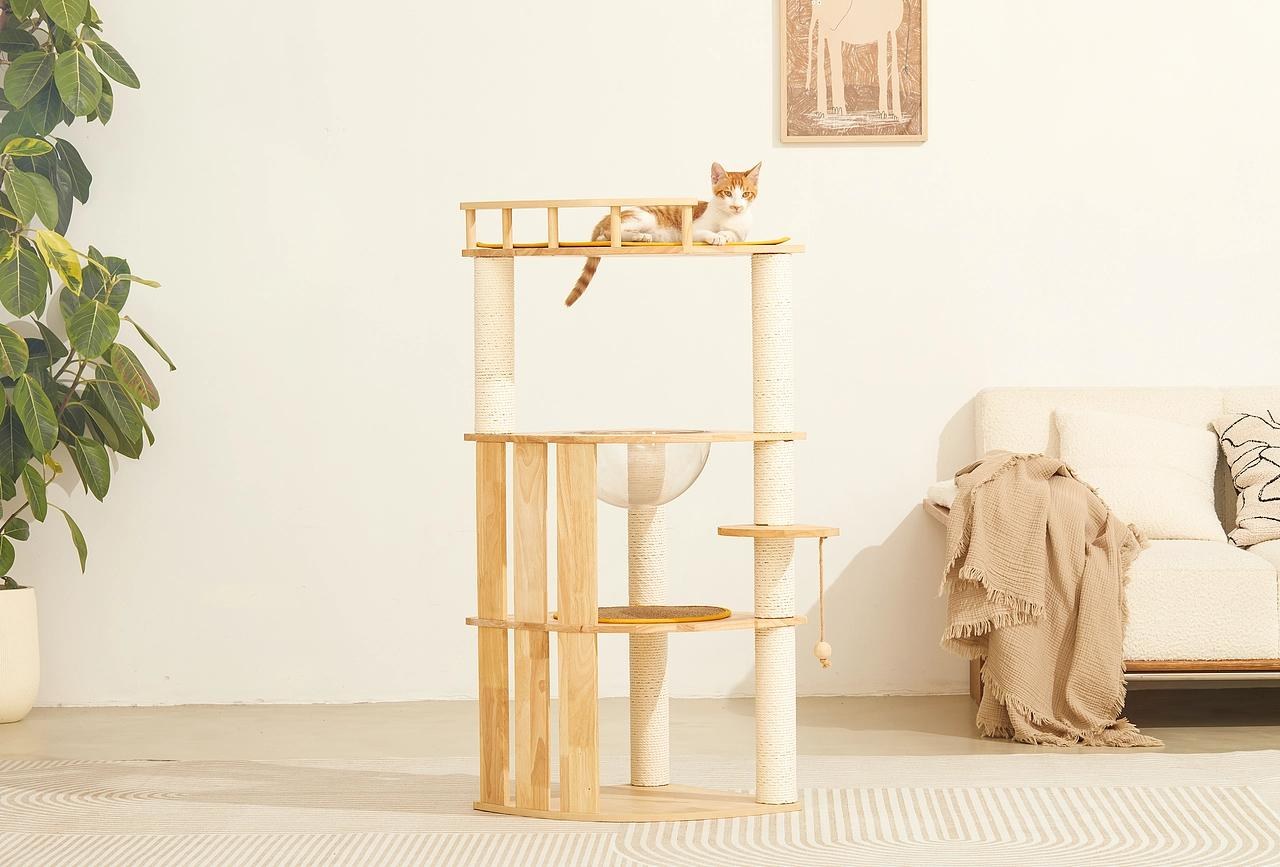 客厅里带橘猫的实木猫爬架与绿植布艺沙发