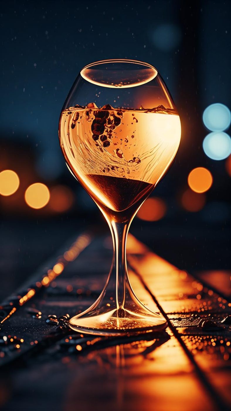 夜晚窗边暖光映照的酒杯与背景散景光斑