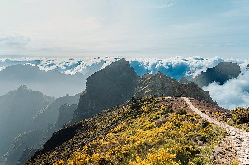 云海之上的高山草甸与蜿蜒碎石步道